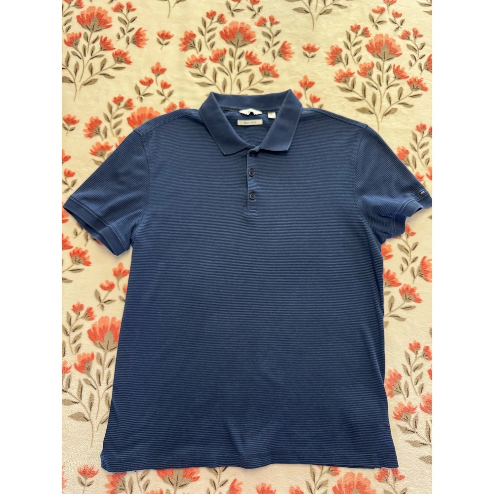 Calvin Klein Liquid Touch Polo Shirt Mens Medium Blue Micro Stripe Short Sleeve